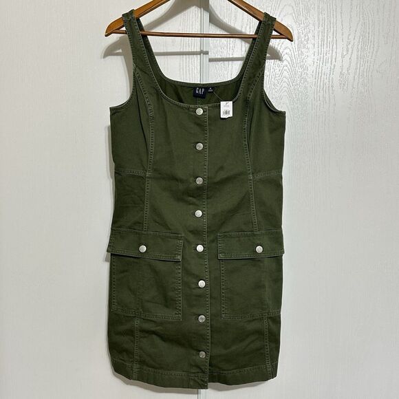 Gap Denim Cargo Dress Woman Size Medium Green Button Front Pockets Sleeveless - Picture 1 of 9